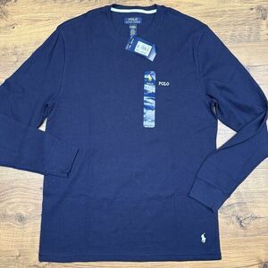 NWT Polo Ralph Lauren Men's Large Blue White Logo Waffle Thermal Crew Neck Shirt